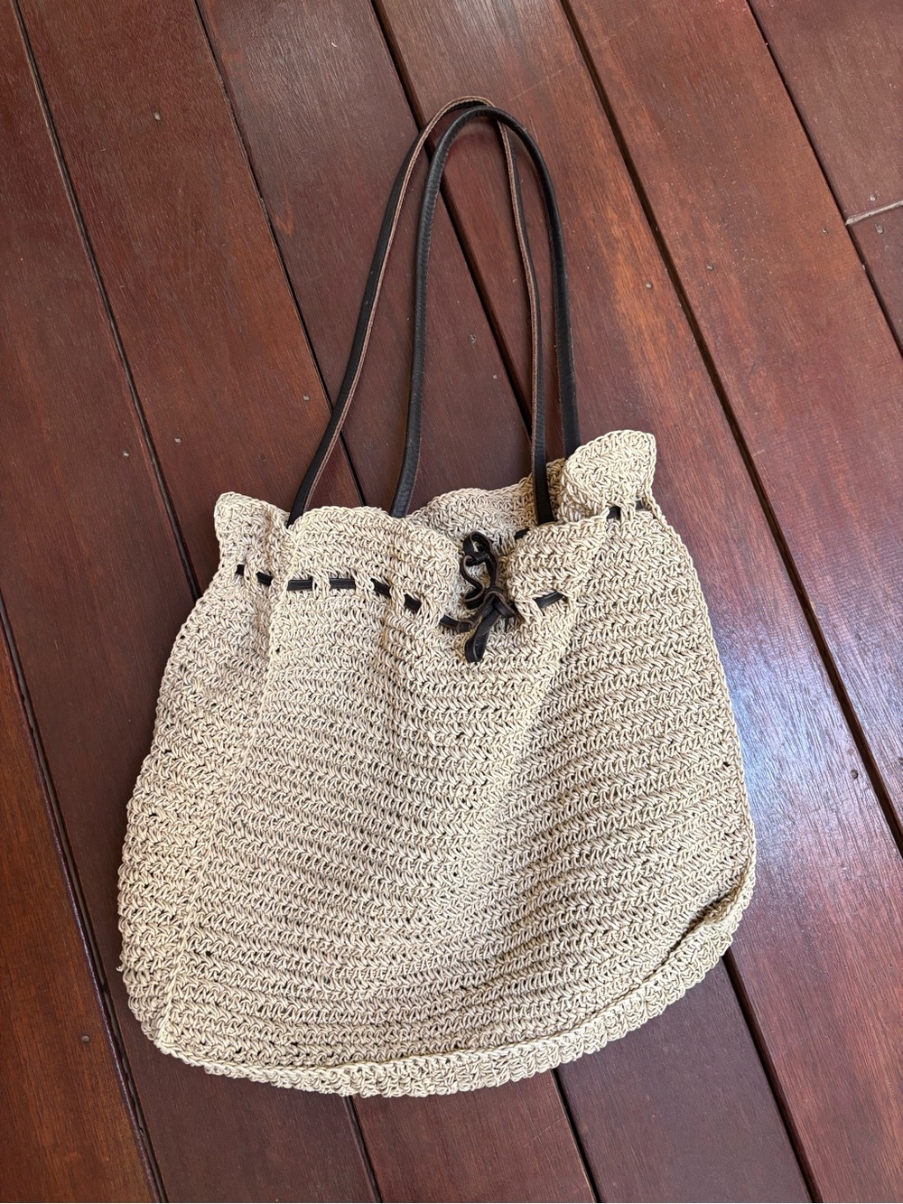 Eddie Bauer Hobo Tote, Large, Woven Paper with Leather Trim Tan Beige Bag